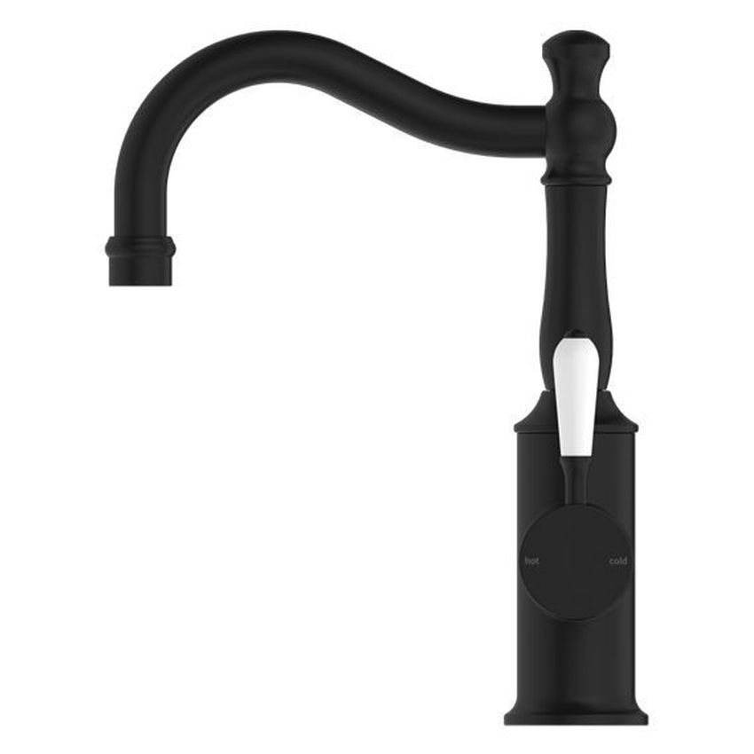 York Basin Mixer Hook Spout With White Porcelain Lever - Matte Black