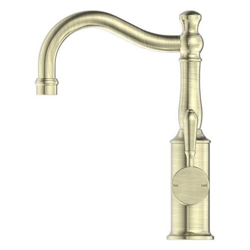York Basin Mixer Hook Spout With Metal Lever - Aged Brass
