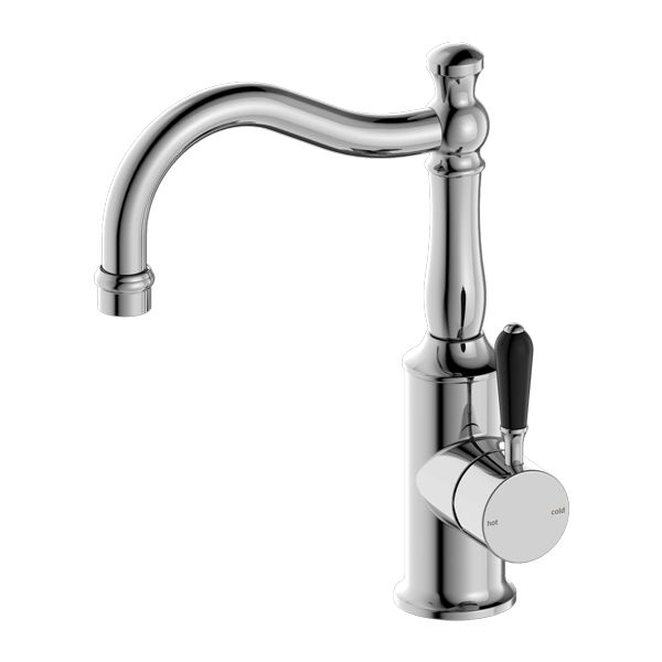 York Basin Mixer Hook Spout With Black Porcelain Lever - Chrome