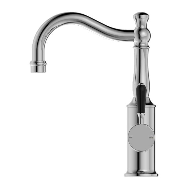 York Basin Mixer Hook Spout With Black Porcelain Lever - Chrome