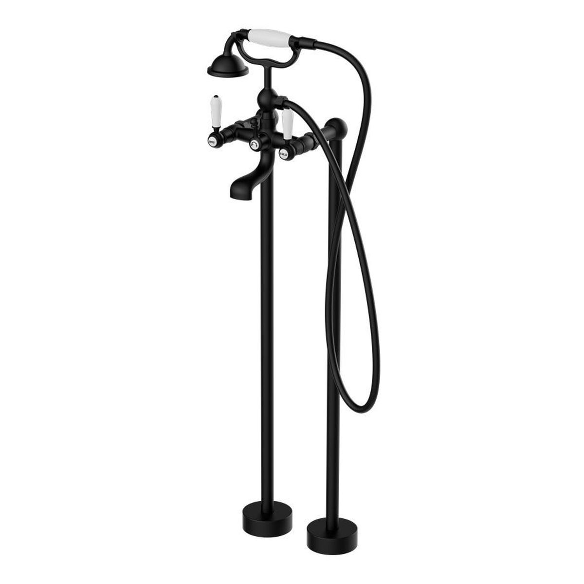 York Freestanding Bath Set With White Porcelain Hand Shower - Matte Black