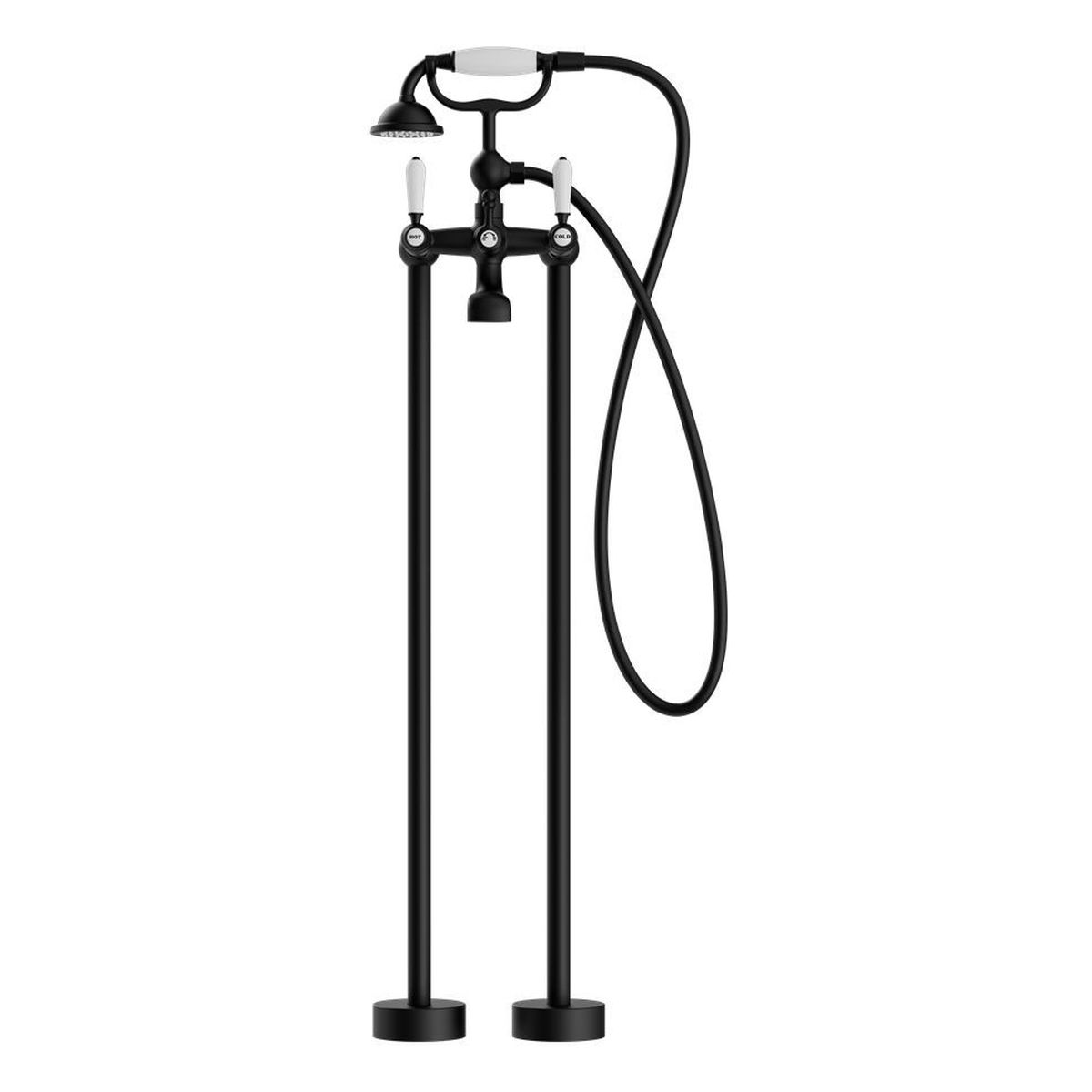 York Freestanding Bath Set With White Porcelain Hand Shower - Matte Black
