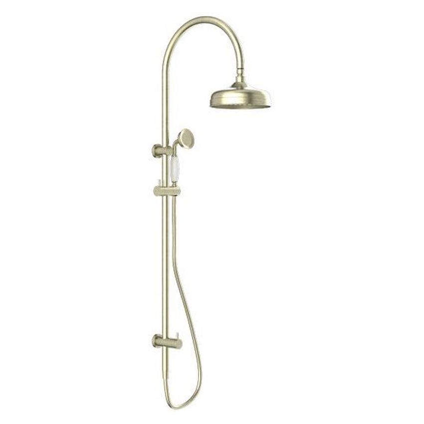 York Twin Shower With White Porcelain Hand Shower - Aged Brass