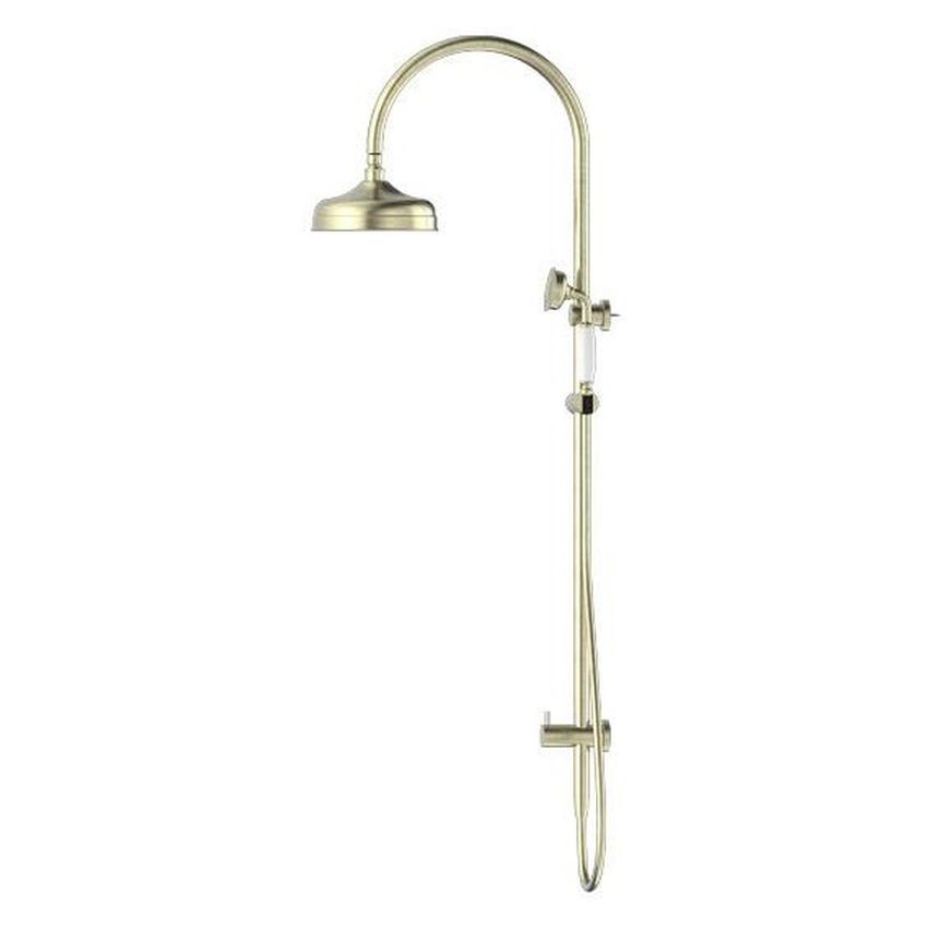 York Twin Shower With White Porcelain Hand Shower - Aged Brass
