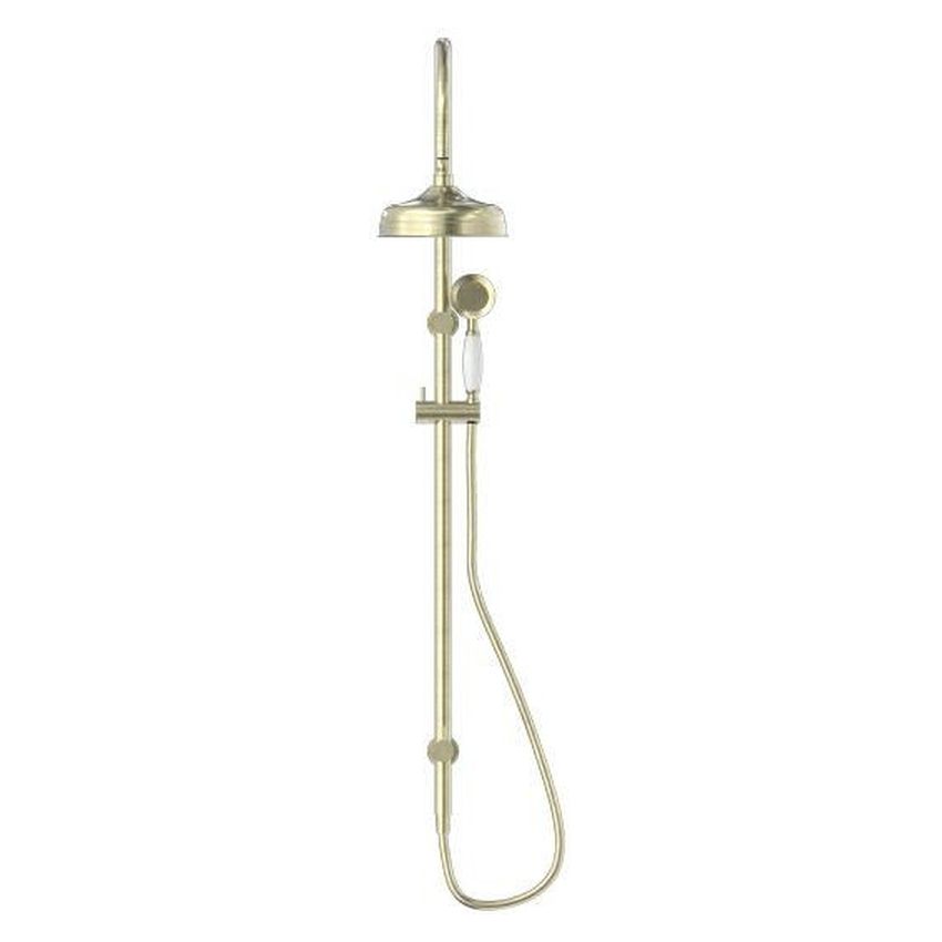 York Twin Shower With White Porcelain Hand Shower - Aged Brass