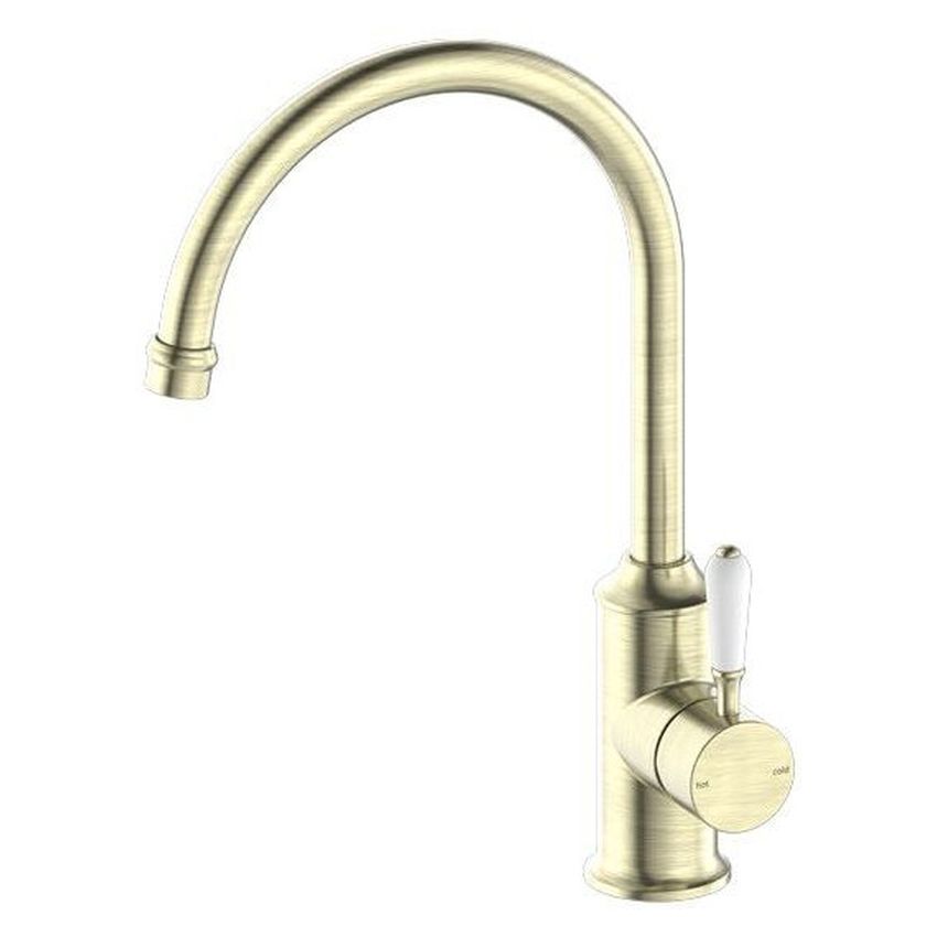 York Kitchen Mixer Gooseneck Spout With White Porcelain Lever - Aged Brass