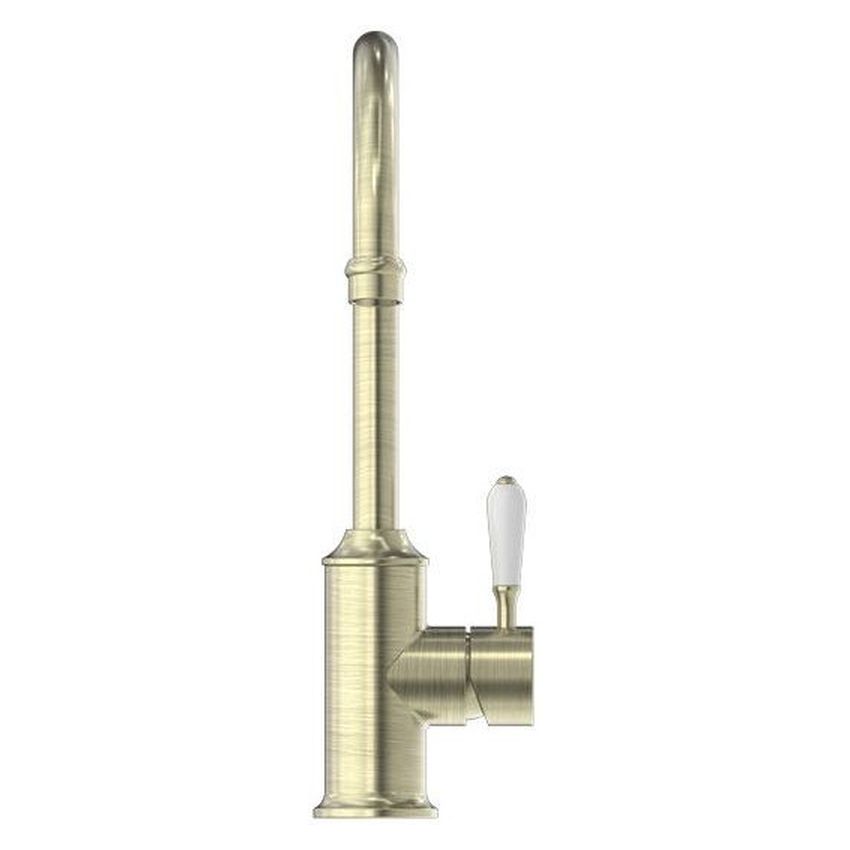 York Kitchen Mixer Gooseneck Spout With White Porcelain Lever - Aged Brass