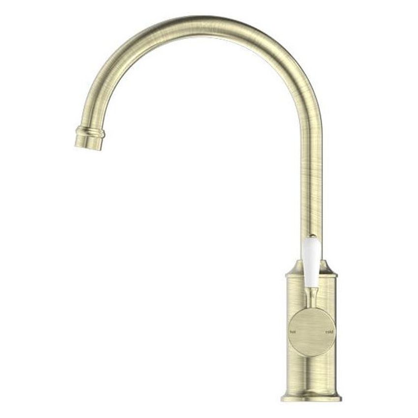 York Kitchen Mixer Gooseneck Spout With White Porcelain Lever - Aged Brass