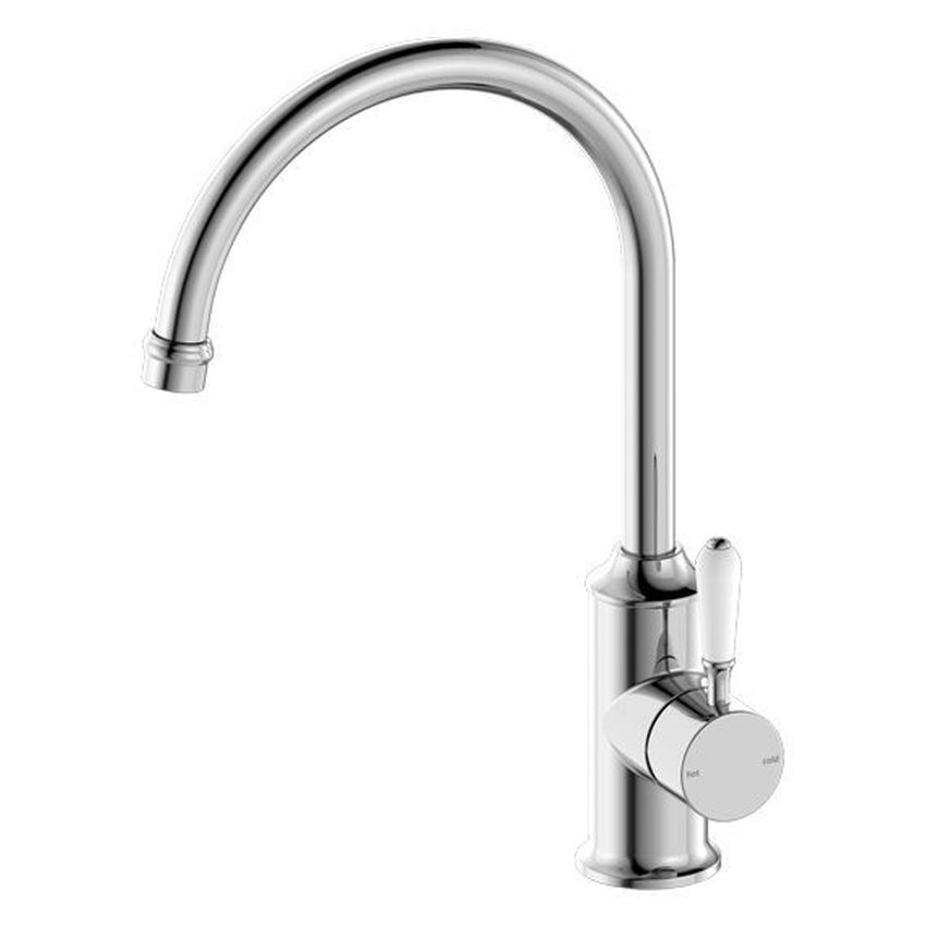 York Kitchen Mixer Gooseneck With White Porcelain Lever - Chrome
