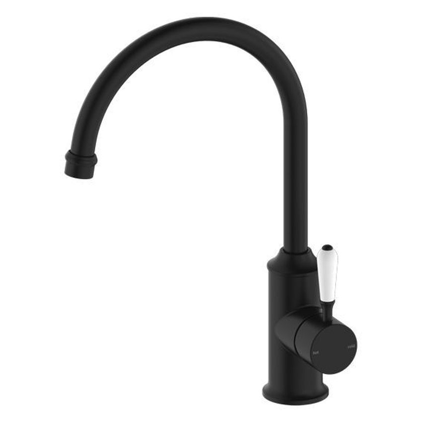 York Kitchen Mixer Gooseneck Spout With White Porcelain Lever - Matte Black
