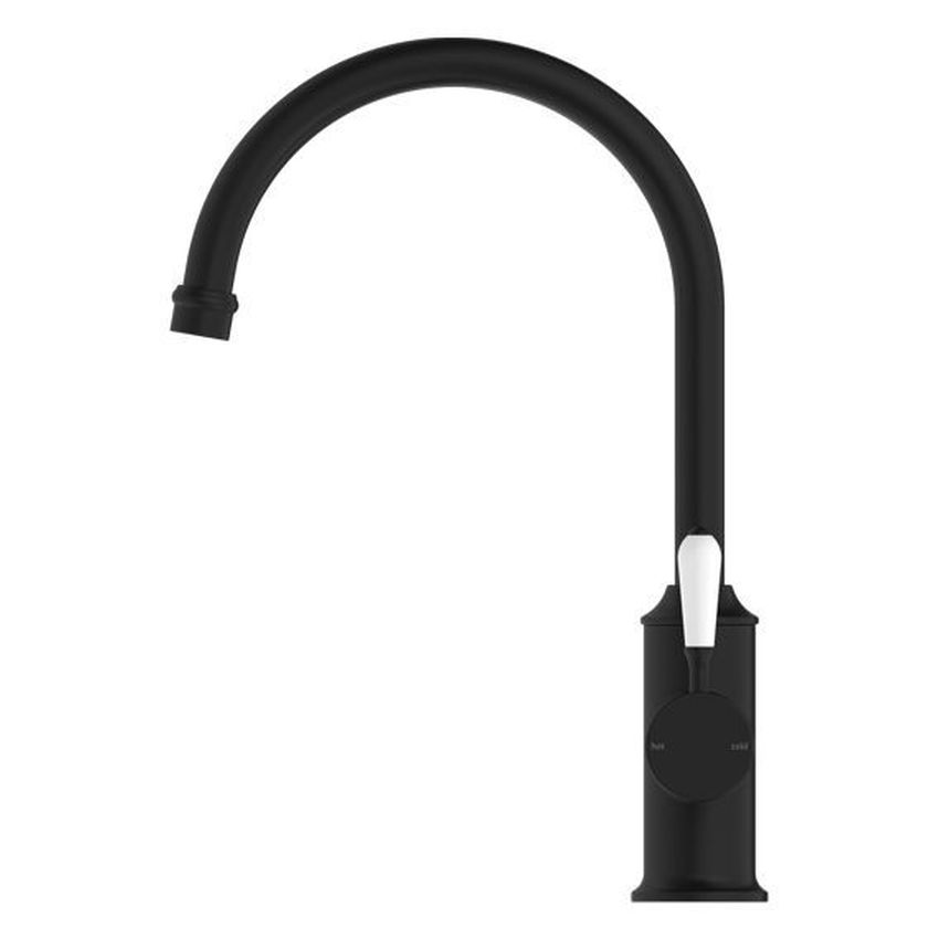 York Kitchen Mixer Gooseneck Spout With White Porcelain Lever - Matte Black