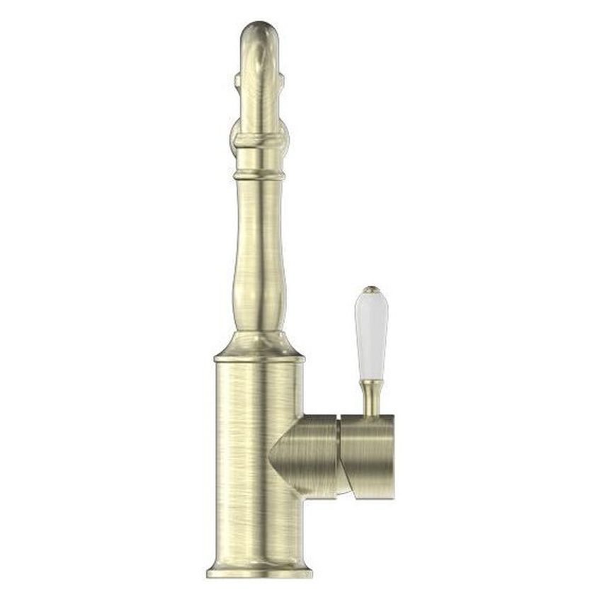 York Kitchen Mixer Hook Spout With White Porcelain Lever - Aged Brass