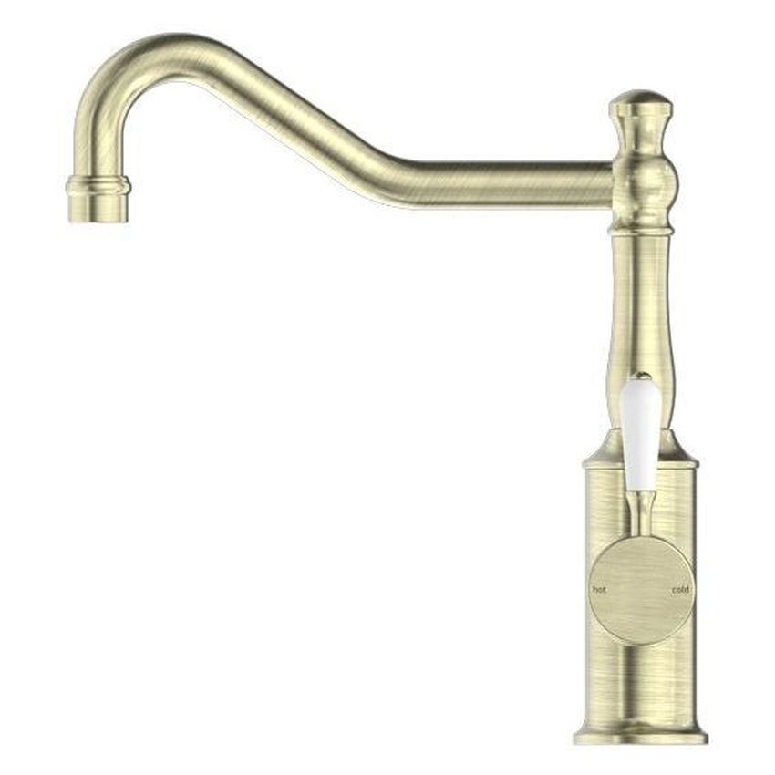 York Kitchen Mixer Hook Spout With White Porcelain Lever - Aged Brass