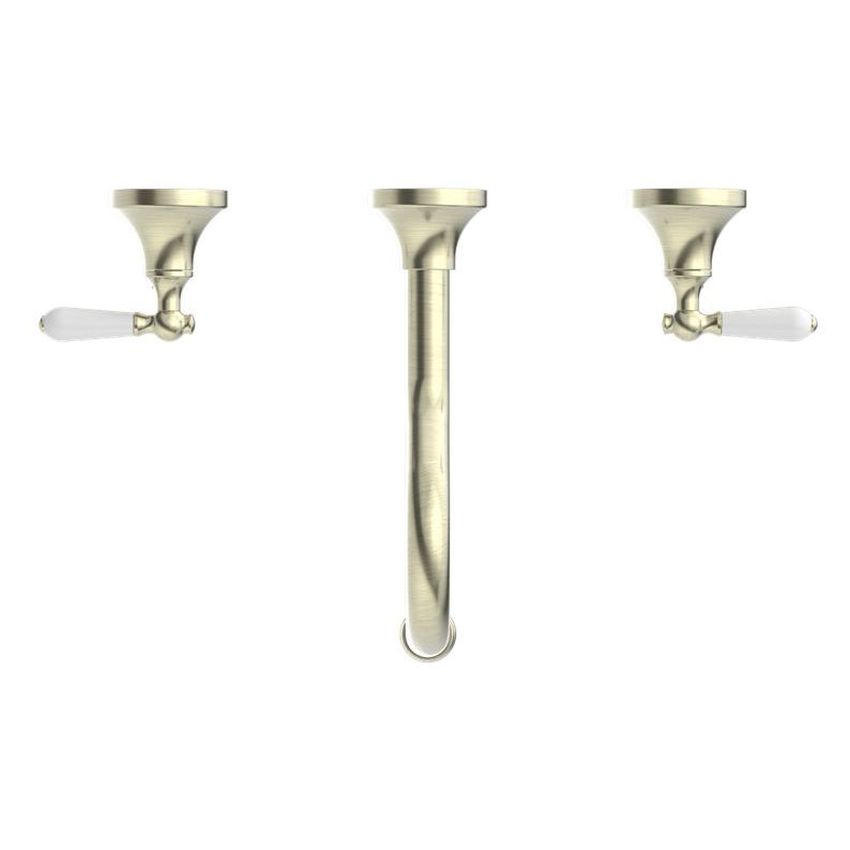 York Wall Basin Set With White Porcelain Lever - Aged Brass