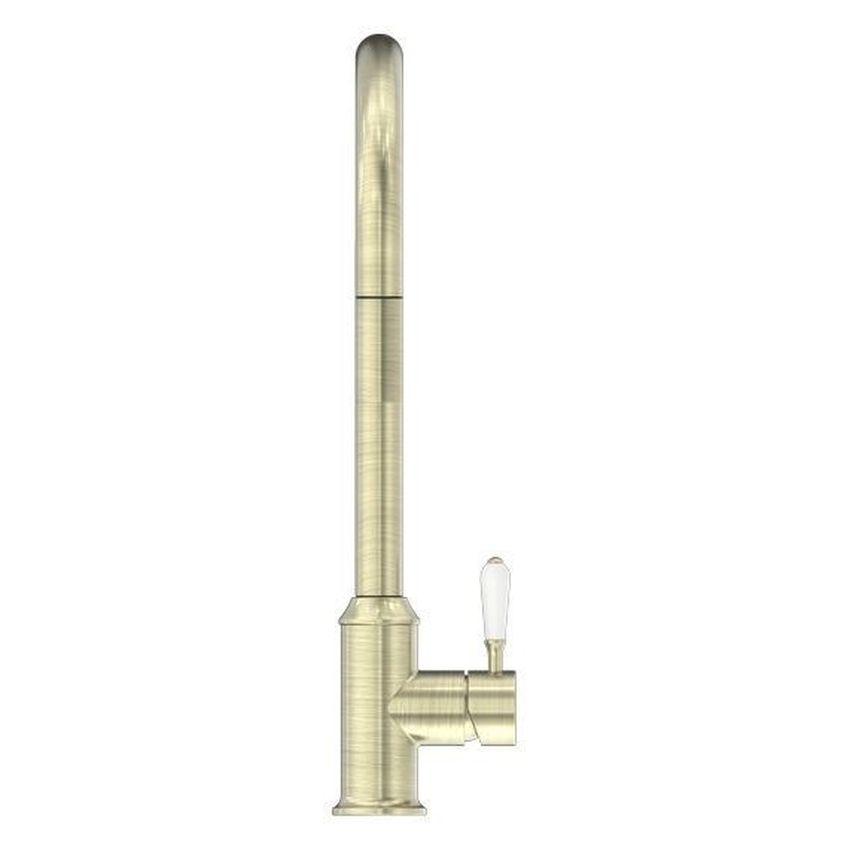 York Pull Out Sink Mixer With Vegie Spray Function With White Porcelain Lever - Aged Brass