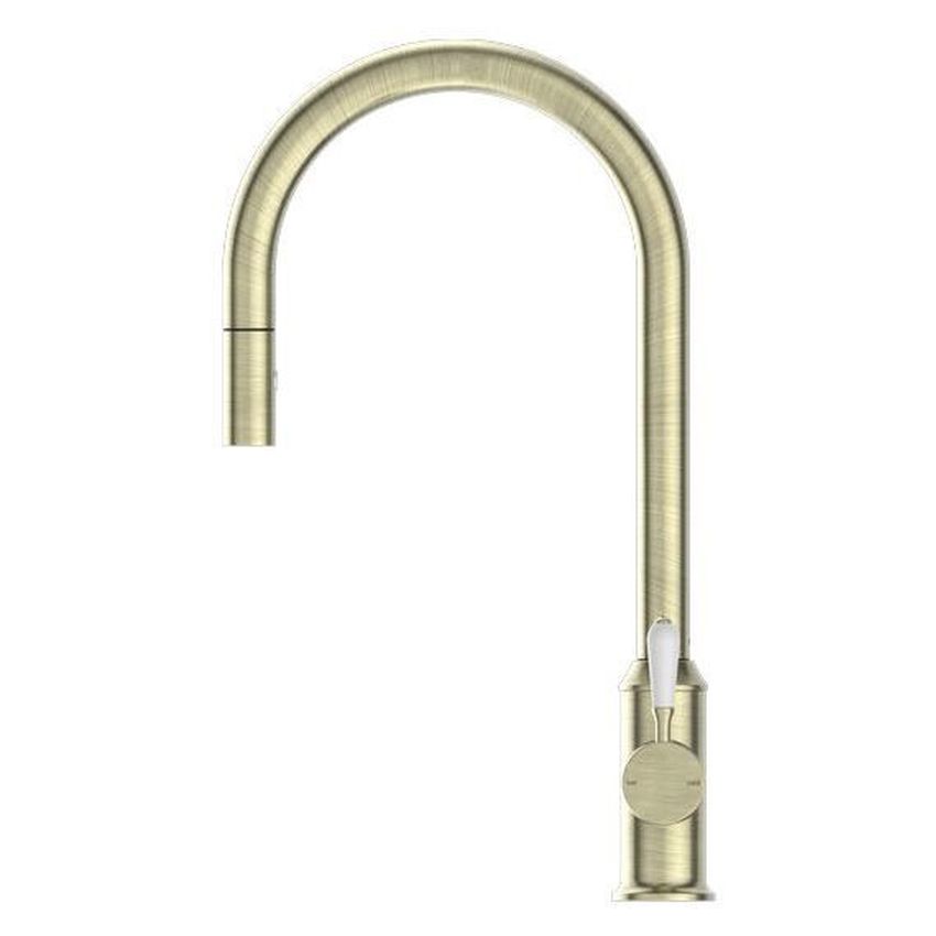 York Pull Out Sink Mixer With Vegie Spray Function With White Porcelain Lever - Aged Brass