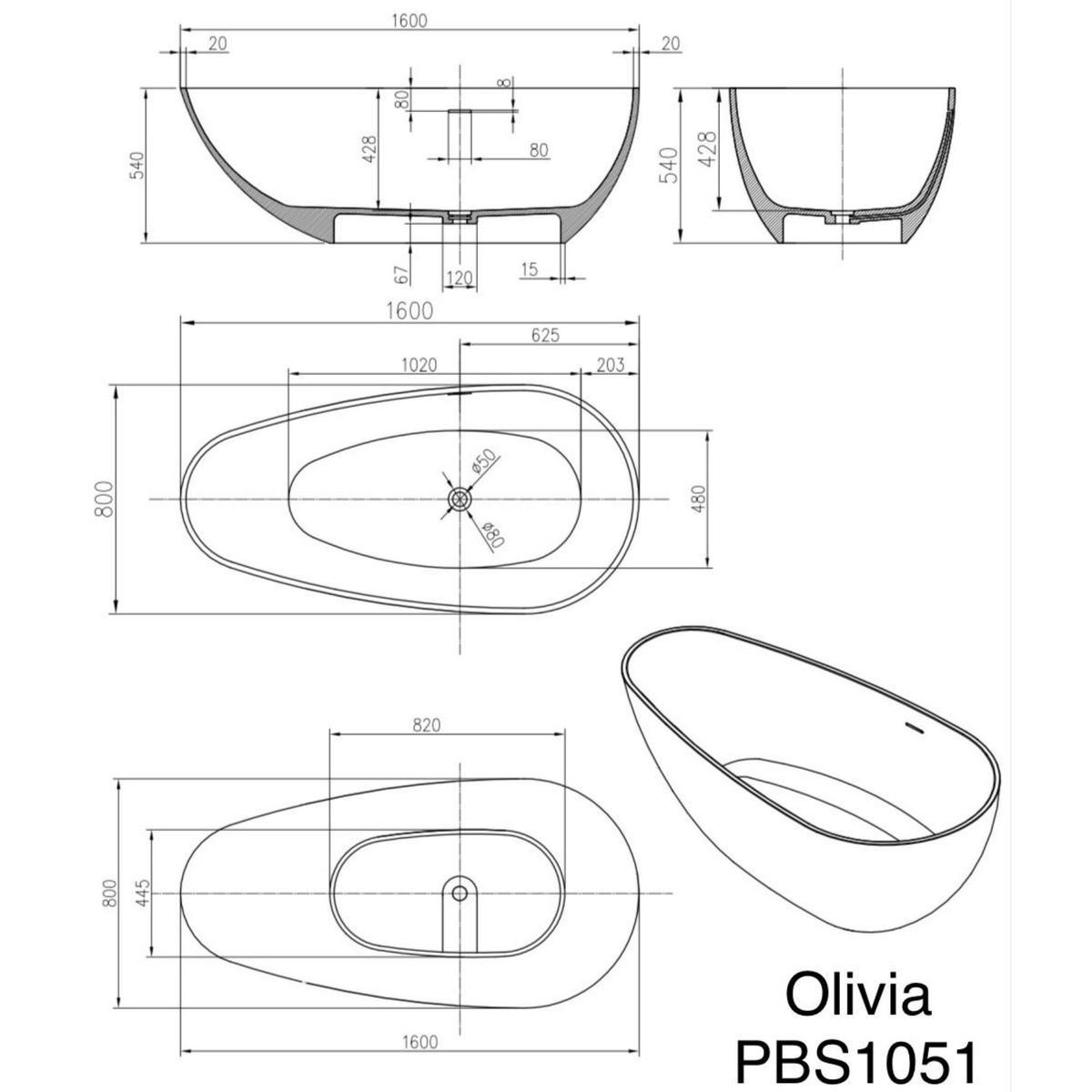 Olivia 1600mm Freestanding Bathtub