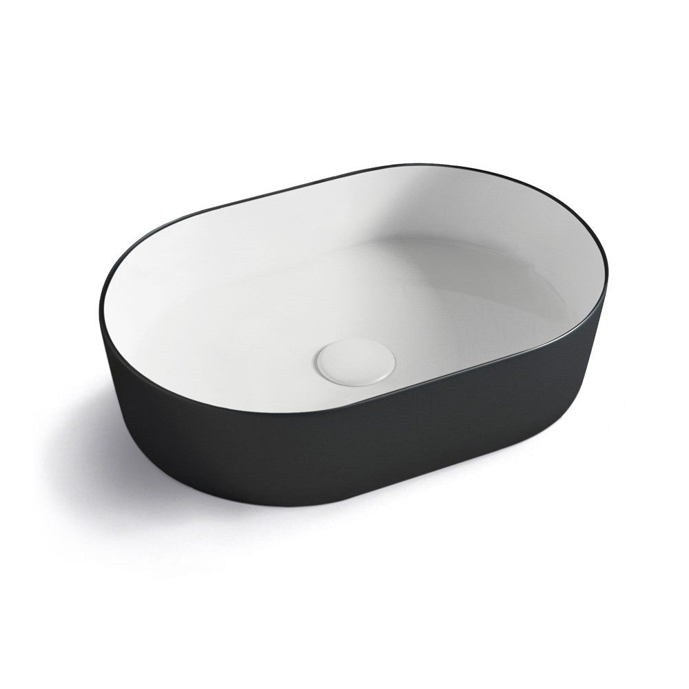 Otti Quay Oval Above Counter Basin 500x340x120, Matte Black & Gloss White
