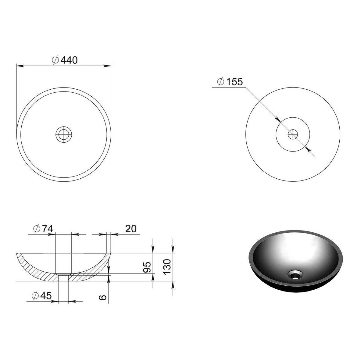 Surena Above Counter Stone Basin - Black