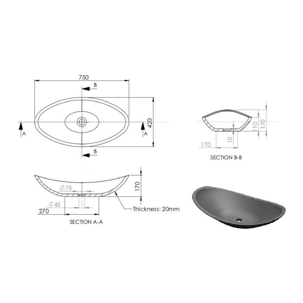 Boat Above Counter Stone Basin - Charcoal
