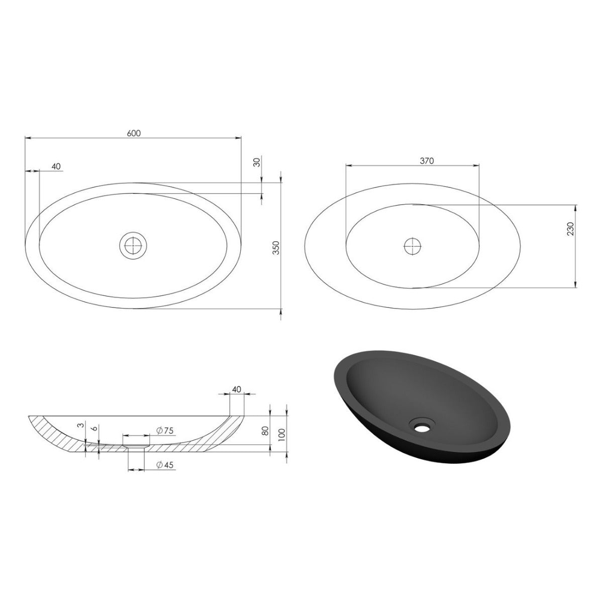 Vivian Above Counter Stone Basin - Black Onyx