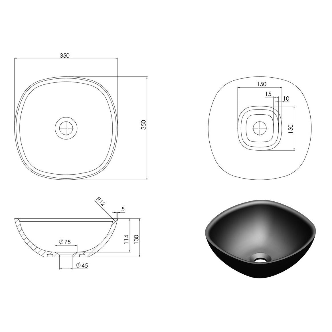 Marcello 450mm Above Counter Stone Basin - Black Onyx
