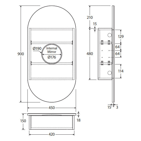 Pill Mirror Cabinet, 450 x 900mm