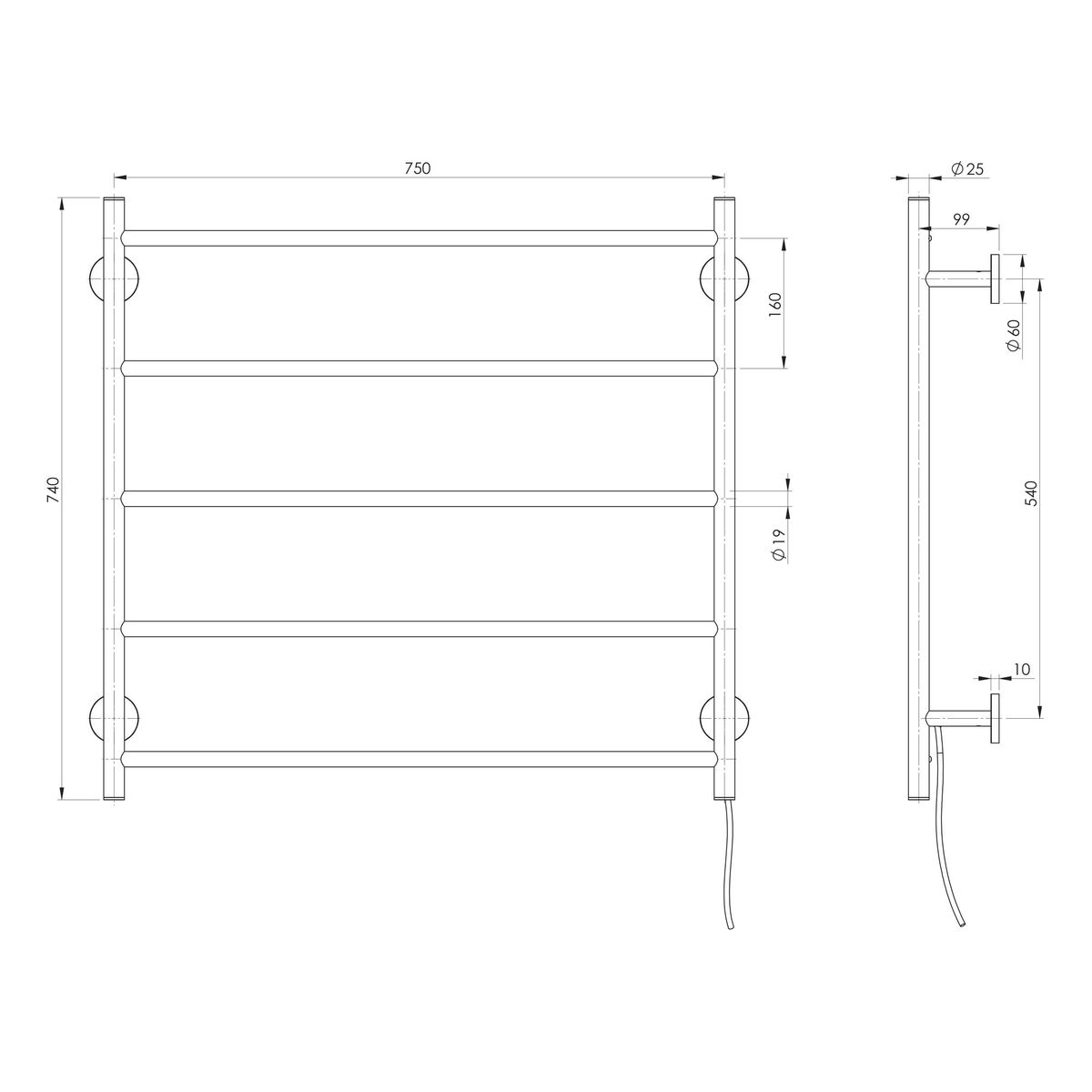 Radii Heated Towel Ladder 750mm x 740mm - Chrome
