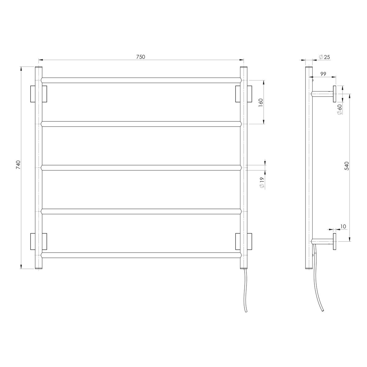 Radii Heated Towel Ladder 750mm x 740mm - Chrome