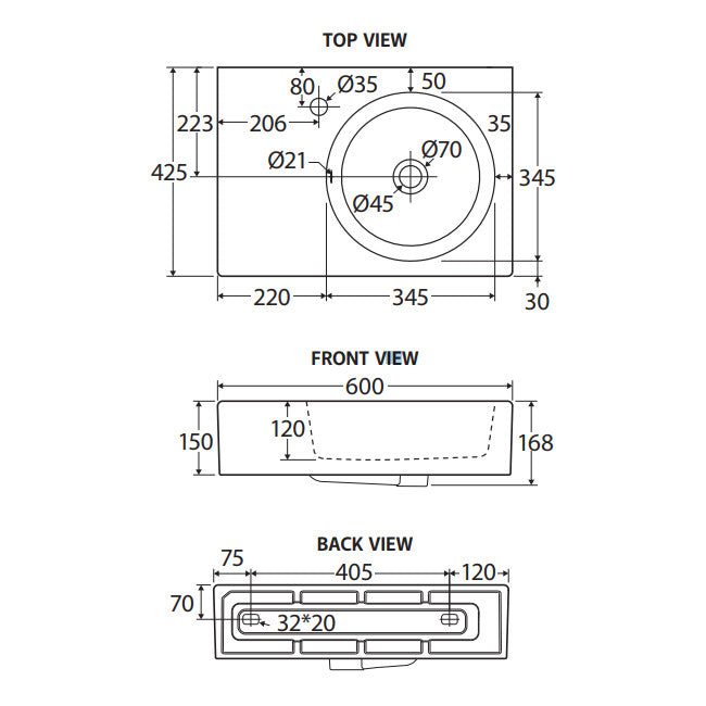 Reba Right Bowl Wall Basin, No Tap Hole