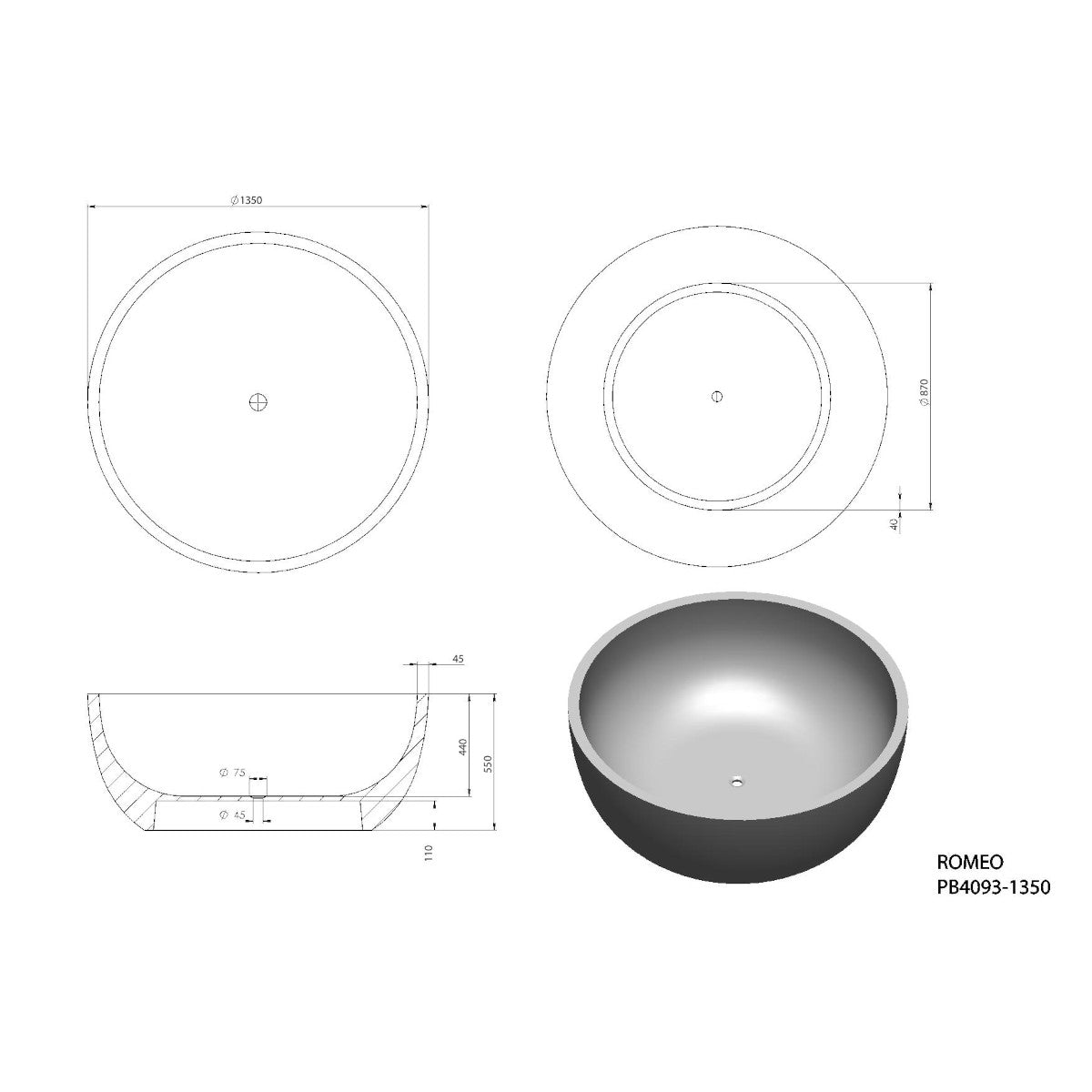 Romeo 1350mm Freestanding Bathtub