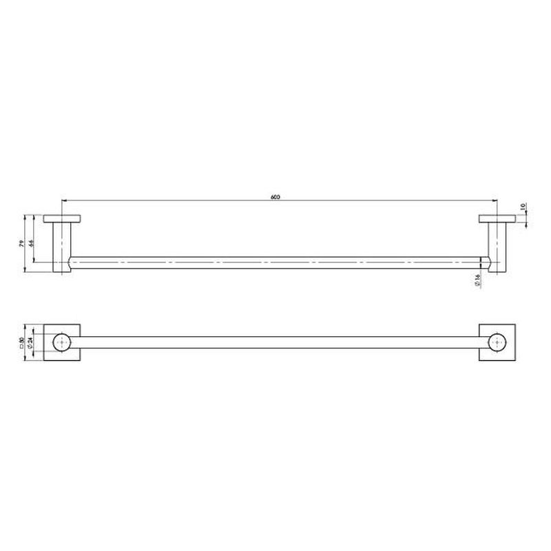 Radii Single Towel Rail 600mm Square Plate - Brushed Nickel