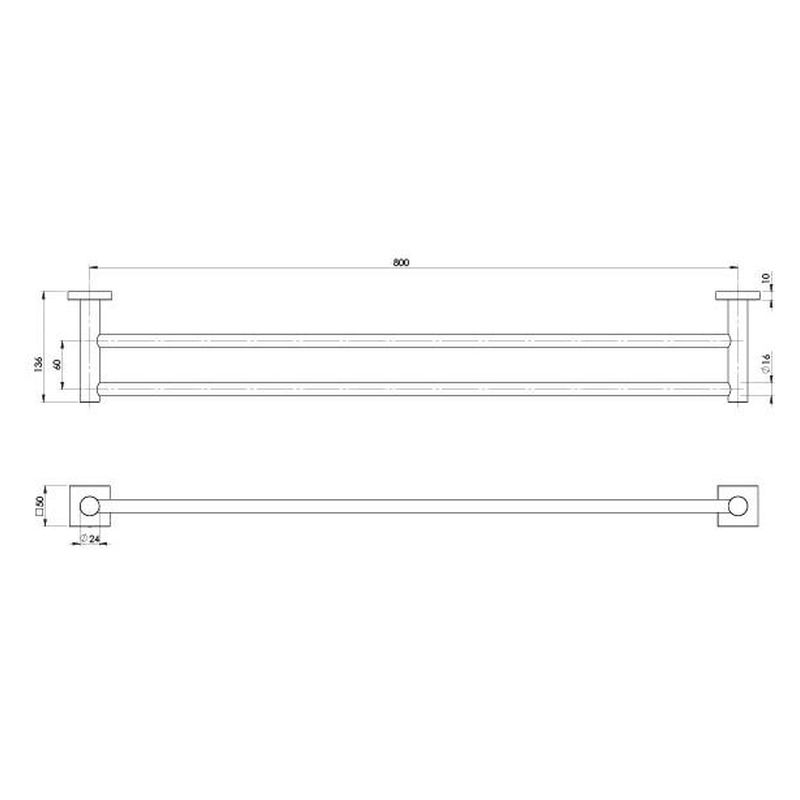 Radii Double Towel Rail 800mm Square Plate - Brushed Nickel
