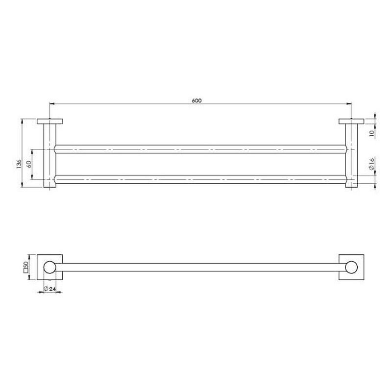 Radii Double Towel Rail 600mm Square Plate - Matte Black