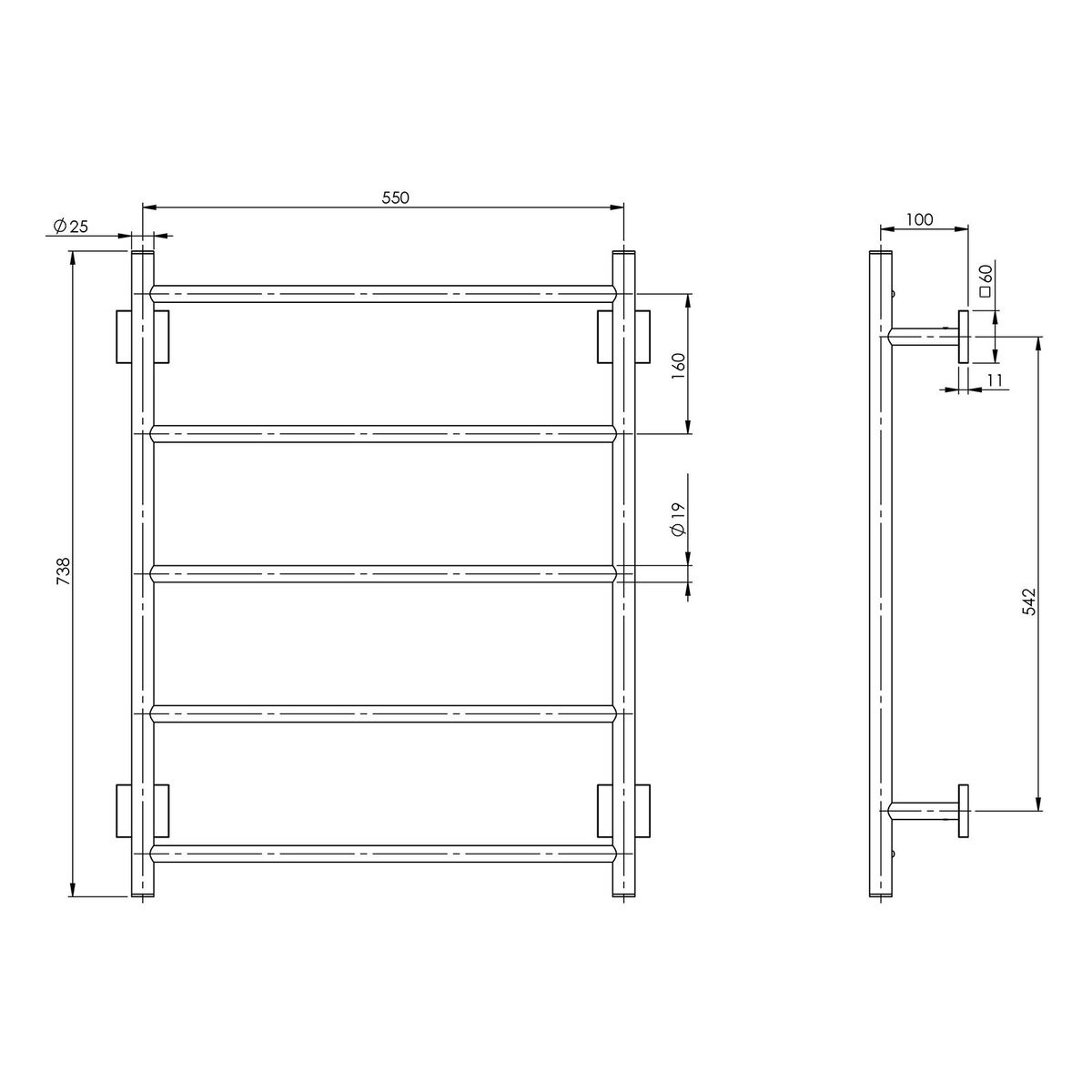 Radii Towel Ladder 550 x 740mm Square Plate - Matte Black