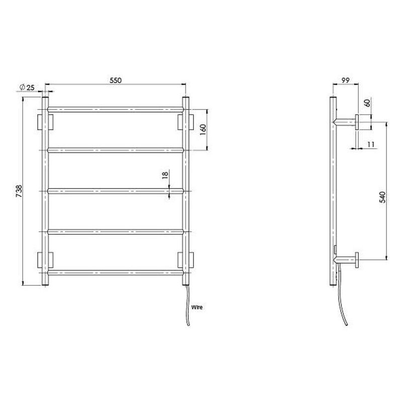 Radii Heated Towel Ladder 550 x 740mm Square Plate - Brushed Nickel