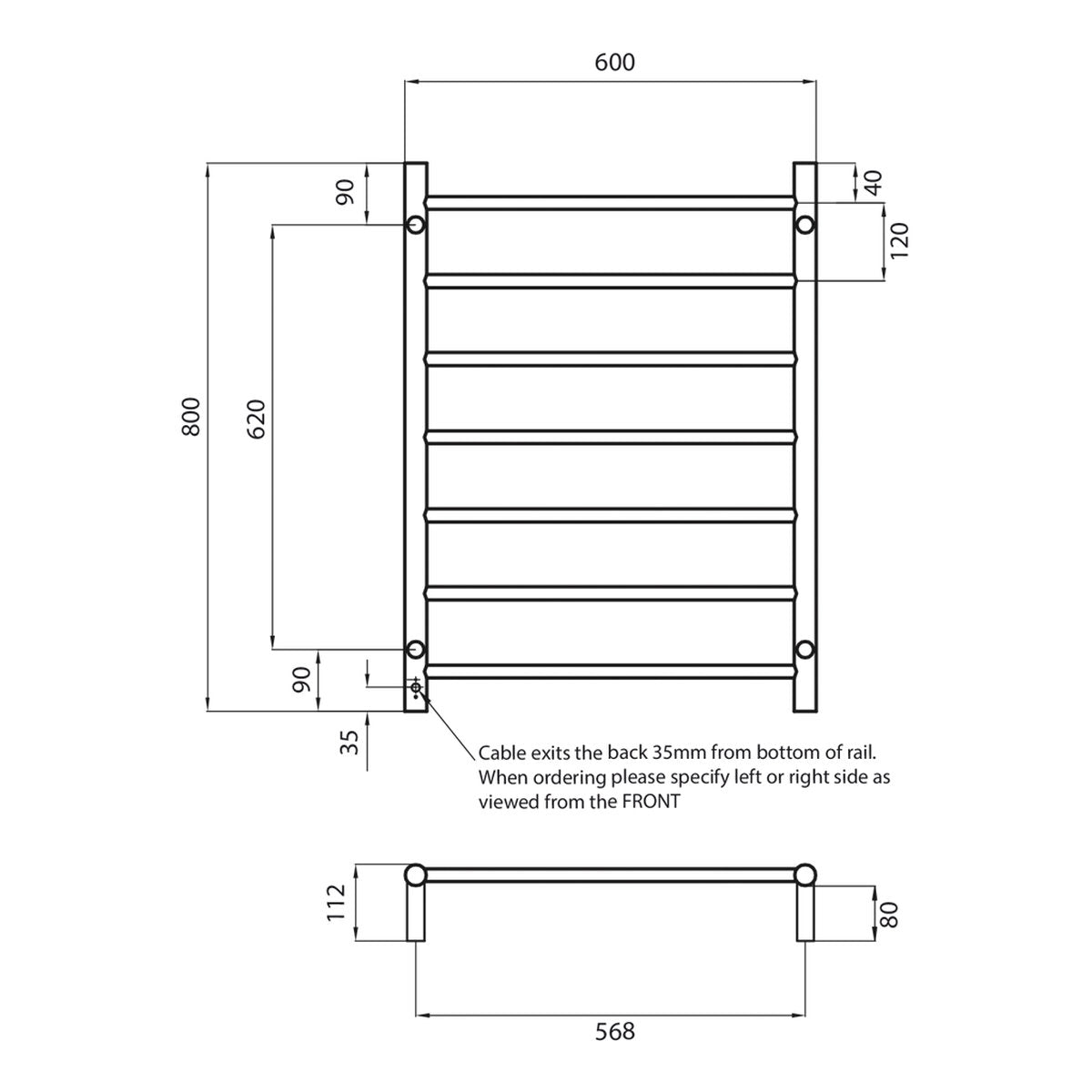 Low Voltage Round Heated Towel Rail 12V-BRU-RTR01LEFT Brushed Satin