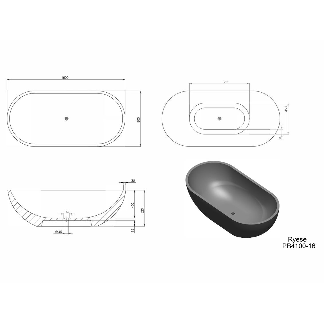 Ryese 1600mm Freestanding Bathtub