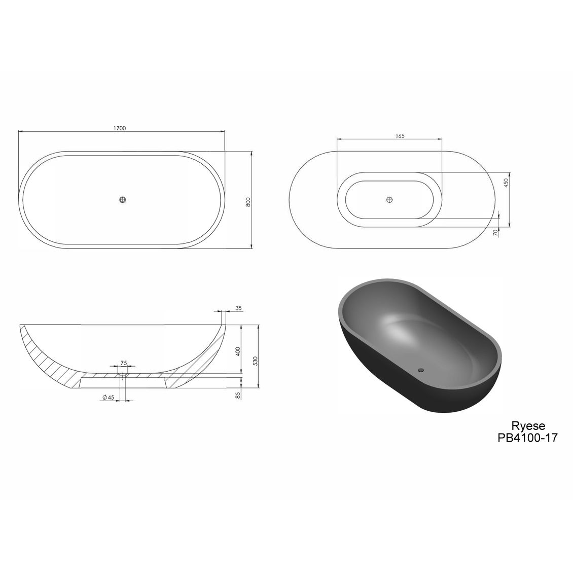 Ryese 1700mm Freestanding Bathtub
