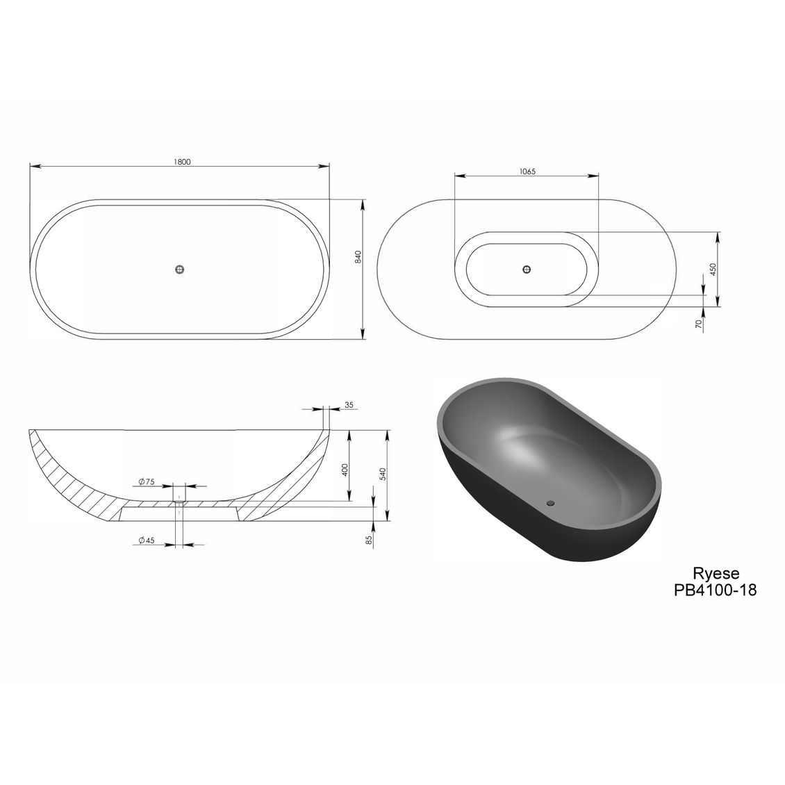 Ryese 1800mm Freestanding Bathtub