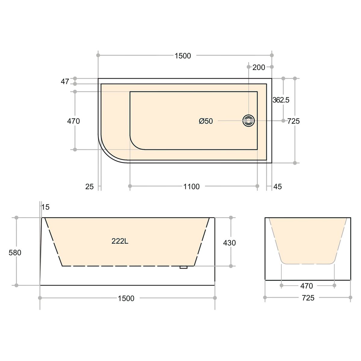 Calm 1500mm Right Corner Freestanding Bath