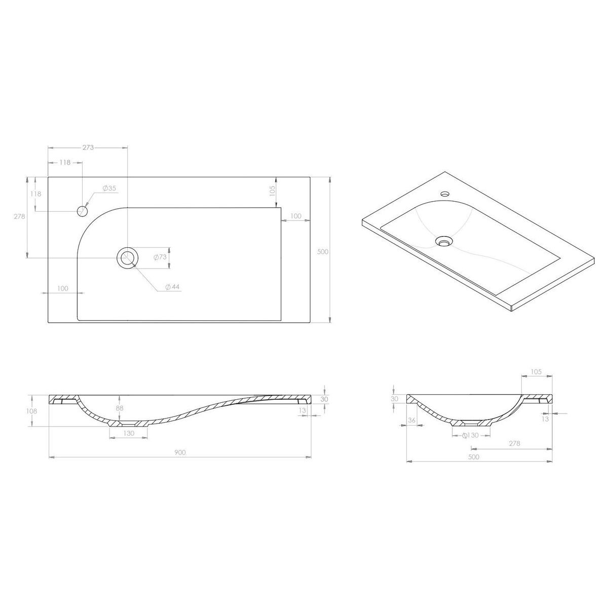 Drift Solid Surface Top 900mm Left Bowl in Gloss White