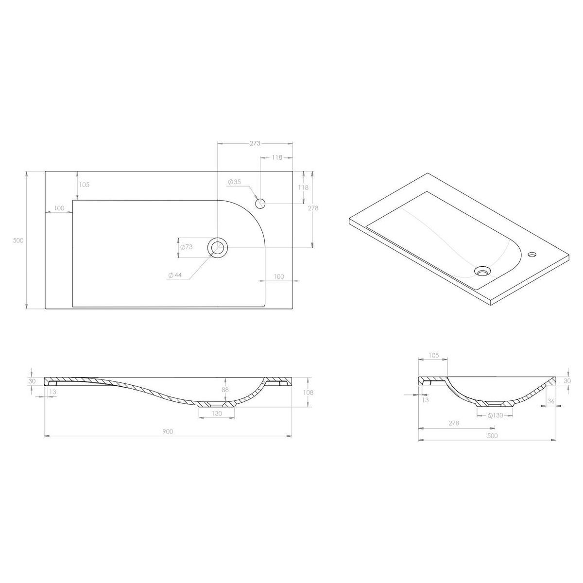Drift Solid Surface Top 900mm Right Bowl in Gloss White