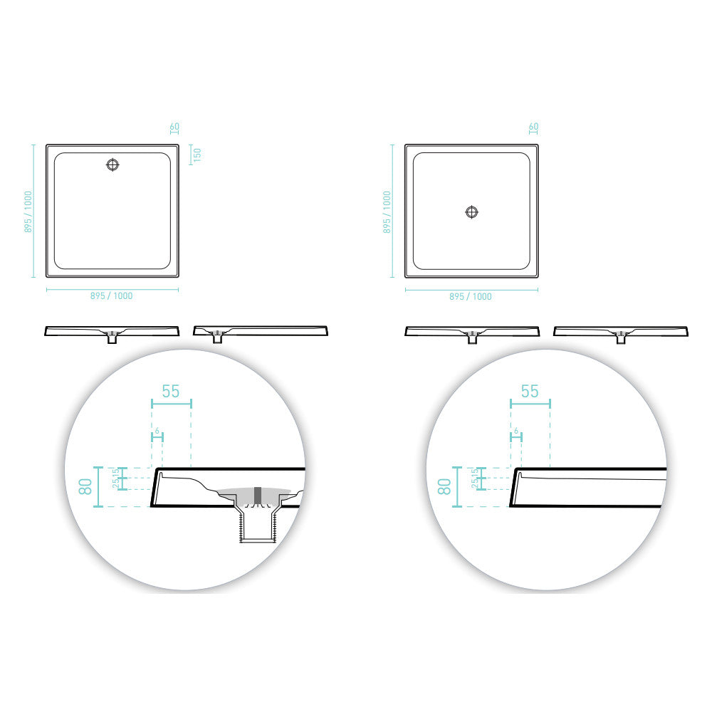 Prelude 4 Tile Bead 900mm Square Rear Waste Shower Base