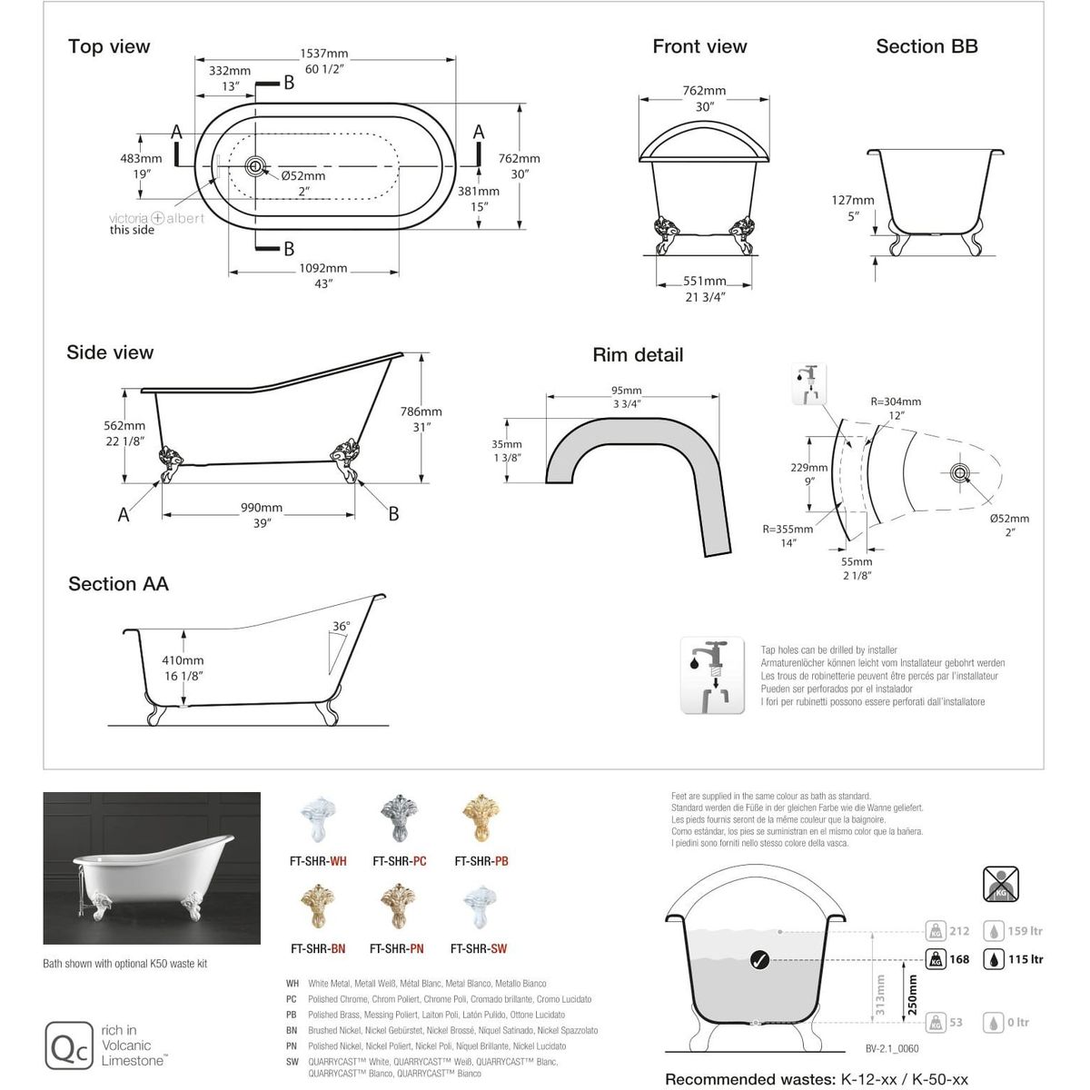 Victoria + Albert Shropshire Bath, Polished Brass Feet