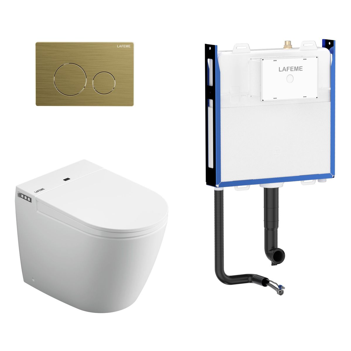 Crawford Inwall Cistern Floor Pan Smart Toilet With Brushed Gold Flush Plate