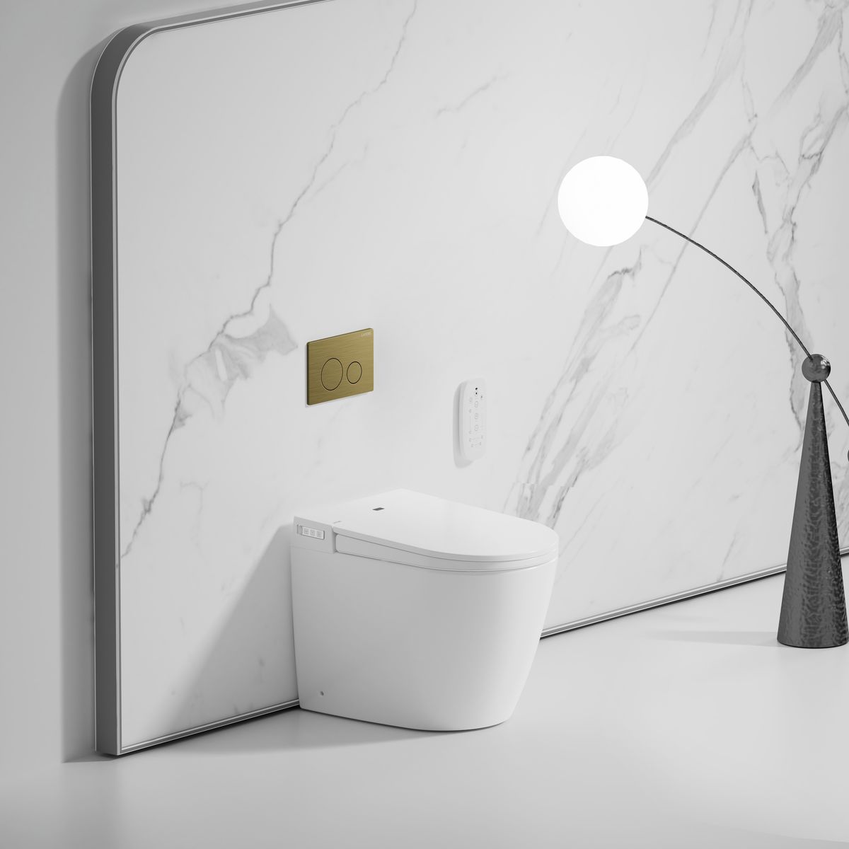 Crawford Inwall Cistern Floor Pan Smart Toilet With Brushed Gold Flush Plate