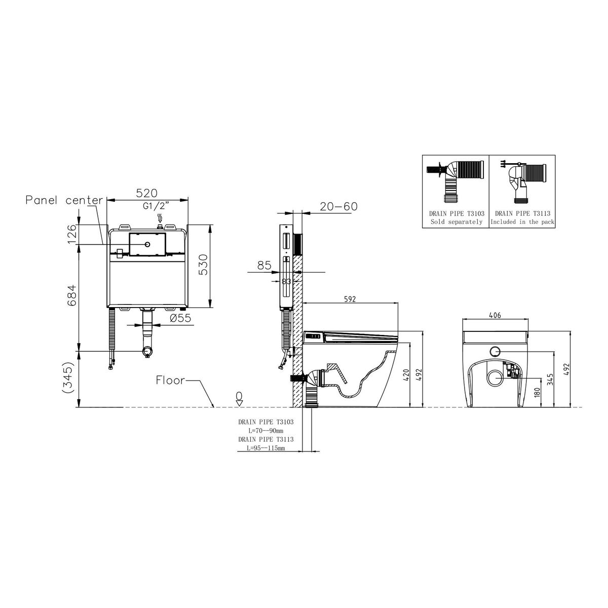 Crawford Inwall Cistern Floor Pan Smart Toilet With Gun Metal Flush Plate