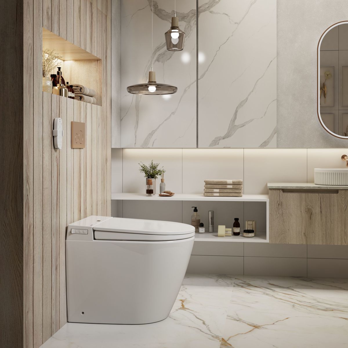 Crawford Inwall Cistern Floor Pan Smart Toilet With Brushed Nickel Flush Plate