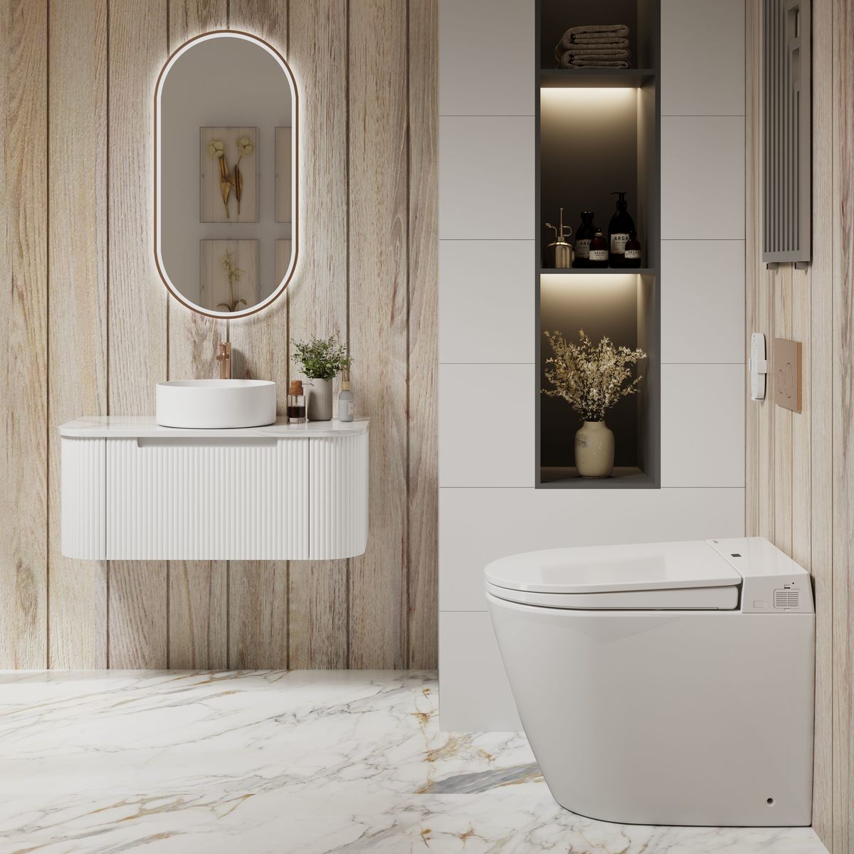 Crawford Inwall Cistern Floor Pan Smart Toilet With Brushed Bronze Flush Plate